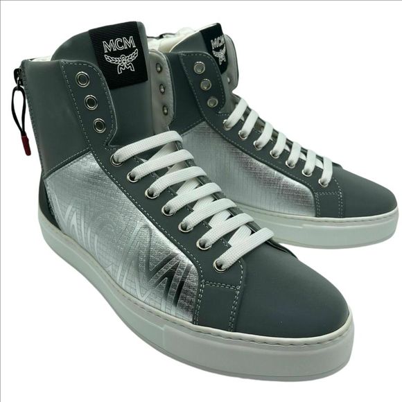 MCM Men's Silver Black Reflective Leather Logo Hi-top Sneaker (42 EU / 9US) - Picture 4 of 6